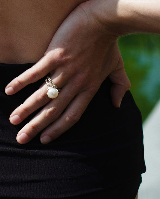 Zilveren Summer Kaviar statement ring met parel